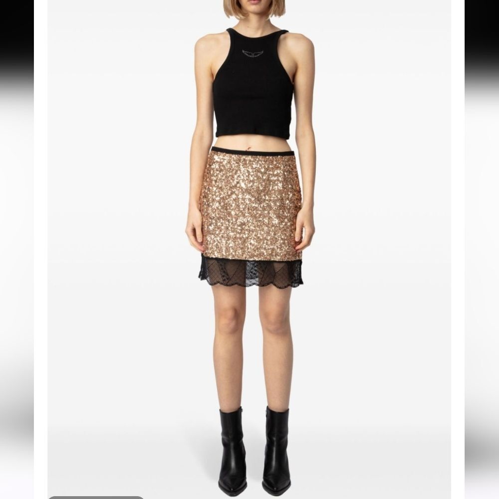 Zadig & Voltaire Justicias Gold Sequin Lace Skirt Size 34